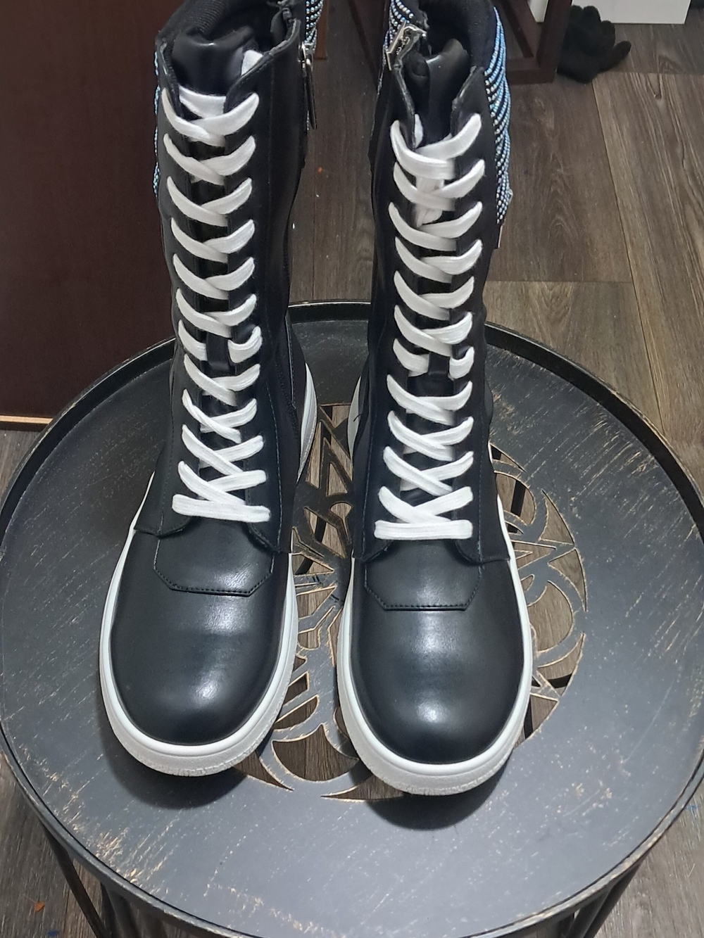 Meghan LA Black Lace-Up High-Top Boots with White Laces